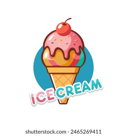 Ice cream balls in the waffle cone with berry isolated on white background. Vector flat outline icon. 