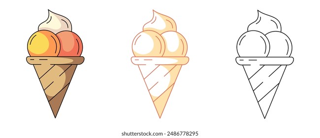 Ice cream balls in a waffle cone, colorful and line icons set. Summer sweet refreshing milk dessert, vector outline icon, monochrome and color illustration. For logo, sticker, coloring book, label