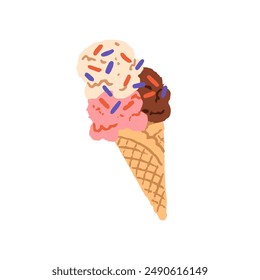 Ice cream balls in waffle cone. Icecream with chocolate, vanilla flavour and sprinkles. Sorbet, sundae. Cold summer dessert of frozen milk. Flat isolated hand drawn vector illustration on white