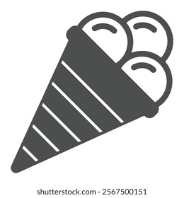 Ice cream balls in waffle cone solid icon, sweets dairy concept. Vector graphics. Sweet icecream sign on white background, glyph style icon for mobile or web design