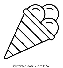 Ice cream balls in waffle cone thin line icon, sweets dairy concept. Vector graphics. Sweet icecream sign on white background, linear style for mobile or design
