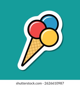 ice cream balls in a waffle cone sticker, colorful summer symbol, vector design element