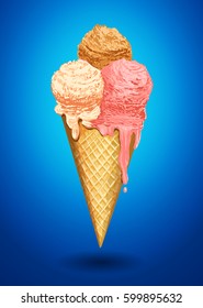 Ice cream balls waffle cone isolated on blue photo-realistic vector illustration.