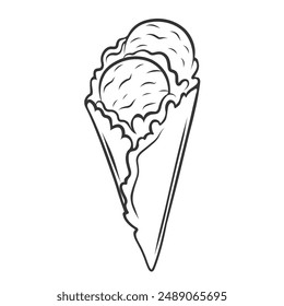 Ice cream balls in waffle cornet icon, doodle sundae scoop serve. Funny retro sketch of gelato in wafer cone for eating. Summer refreshing food mascot, hand drawn ice cream icon vector illustration