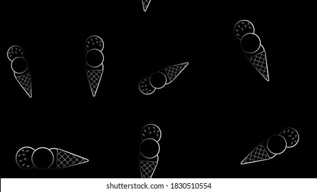 ice cream in balls in a waffle cup on a black background, pattern, vector illustration. in wallpaper style with lots of white ice creams. decor in the style of drawing with a pencil or chalk.