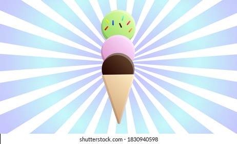 ice cream in balls in a waffle cup on a bright, dream-white retro background, vector illustration. an appetizing sweet dessert for children and adults. milk sweetness.