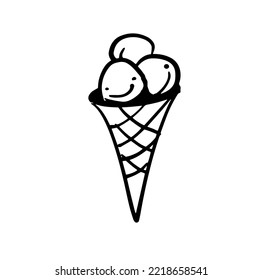 Bolas de helado en una taza de gofre. Ilustración del doodle vectorial