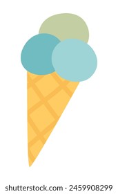 Ice cream with balls and waffle in flat design. Summer frozen dessert. Vector illustration isolated.