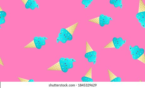 ice cream with balls in a waffle glass on a pink background, vector illustration, pattern. wallpaper for the cooking area. decor for kitchen, restaurant and cafe.