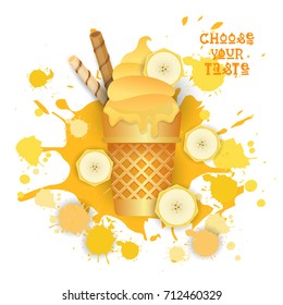 Ice Cream Banana Cone Colorful Dessert Icon Choose Your Taste Cafe Poster Vector Illustration