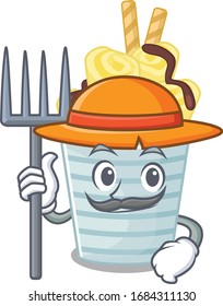ice cream banana rolls in Farmer cartoon character with hat and pitchfork