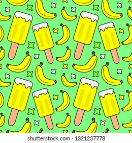 Ice cream banana seamless pattern with green background