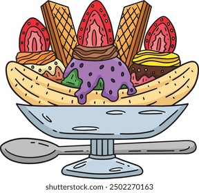 Ice Cream Banana Split Sundae with Spoon Clipart