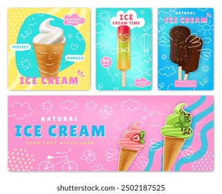 Anuncio helado. Publicidad de fondo de chocolate postre frío. Diseño de negocio de alimentos. Promoción de alimentos dulces de Plantilla. Sabor a fresa, diseño de pegatina de fondo de menú de café con texto. Conjunto de Vectores