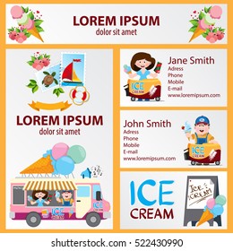 Ice cream. Banner, business card, flyer, sticker themed sweets and ice cream. Corporate style cafe. Ready to Print.