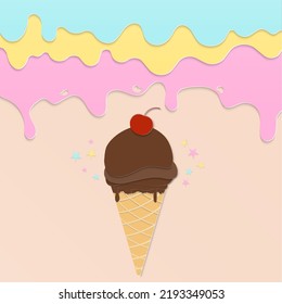 Ice cream banner. Chocolate ice cream cone with cherry, star, and colorful background. Paper art style.