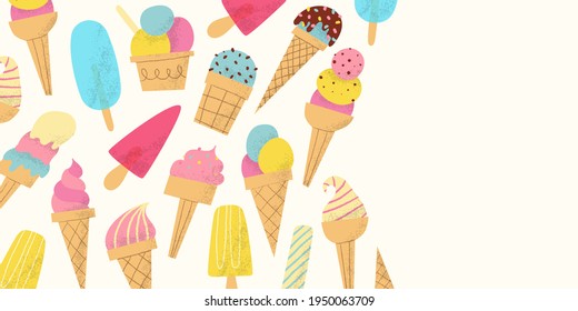 Ice cream banner. Cute colorful background for summer sale or special offer. Flat hand drawn desserts with textured details. Sweet fresh design of flyer, poster.