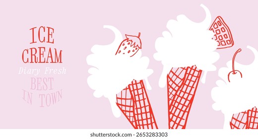 Ice cream banner design template. Vanilla cone, gelato Italian Cold dessert. Vector doodle sketch clipart for cafe, restaurant, food truck
