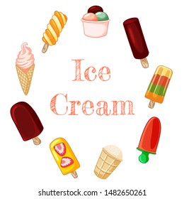 Ice cream banner with ice cream, eskimo, gelato doodles. Hand drawn cartoon style poster, cute wreath design