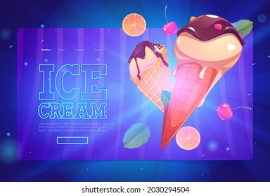 Ice cream banner with frozen dairy dessert with chocolate in waffle cones. Vector landing page with cartoon illustration of sundae in wafer with orange, cherry and mint leaves