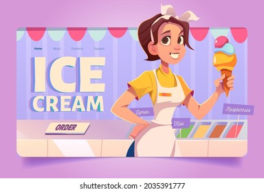 Cartel de helado con vendedora de chicas en una cafetería con nevera. Almohadilla vectorial de gelateria con diferente gelato en nevera. Ilustración de la caricatura de una mujer con sundae de fruta en un cono de gofre