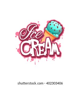 Ice cream banner with pink drops. Vector illustration.