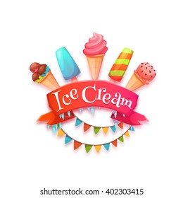 Ice cream banner with red ribbon. Vector illustration.