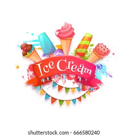 Ice cream banner with red ribbon. Vector illustration.