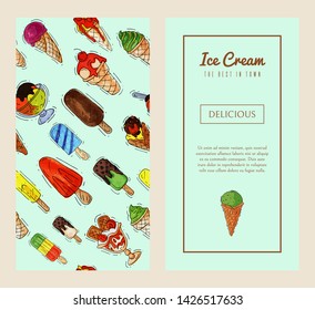 Ice cream banner summer natural fresh and cold sweet food vector illustration. Healthy homemade tasty dairy cone delicious strawberry vanilla gelato frozen icecream. Dessert fruit cool product.