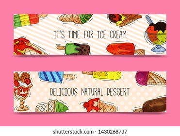 Ice cream banner summer natural fresh and cold sweet food vector illustration. Healthy homemade tasty dairy cone delicious strawberry vanilla gelato frozen icecream. Dessert fruit cool product.