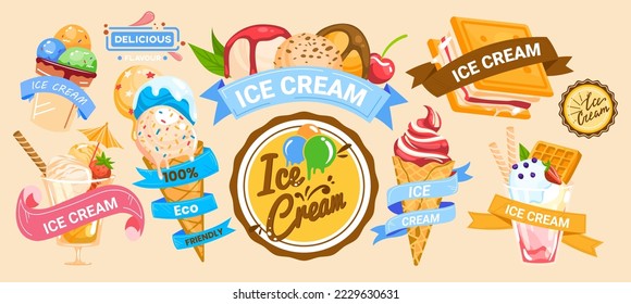 Ice cream banner, sweet delicious food, fresh cone template, snack dessert logo, design, in style cartoon vector illustration