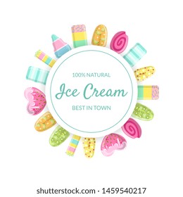 Ice Cream Banner Template, 100 Percent Natural, Best in Town, Delicious Sweet Dessert, Cafe, Confectionery or Shop Promotional Poster, Label, Badge Vector Illustration