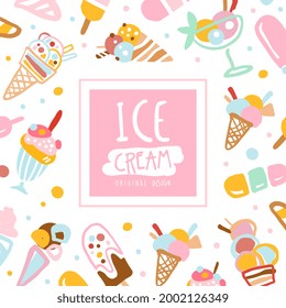 Ice Cream Banner Template, Card, Poster Design with Sweet Tasty Desserts Seamless Pattern Vector Illustration