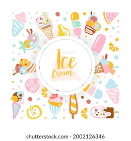 Ice Cream Banner Template Design, Card, Poster, Background with Sweet Tasty Desserts Seamless Pattern Vector Illustration