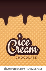 Ice Cream banner with wafer background. Cafe menu, ice cream dessert poster, food packaging design