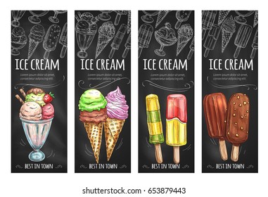 Ice cream banners for gelateria cafe. Vector design of sweet fresh frozen ice in scoops, strawberry soft cream in wafer cone, sundae or coffee sorbet with chocolate waffle and glaze