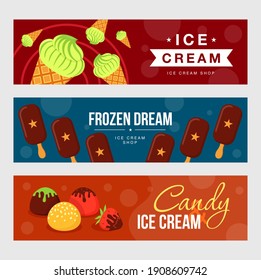 Ice cream banners set. Cones, bars, colorful scoops vector illustrations with text. Summer, dessert, sweet food concept for flyers and brochures design