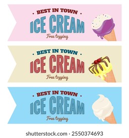 Ice cream banners set. Retro brand tags with text. Sweet cold dessert. Branding for cafe or shop. Flat vintage Vector illustration collection.