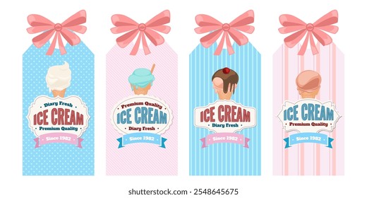 Ice cream banners set. Sweet dessert retro brand tags with text and pink bows. Flat vintage Vector illustration collection.