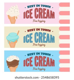 Ice cream banners set. Sweet cold dessert. Retro brand tags with text. Branding for cafe or shop. Flat vintage Vector illustration collection.