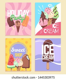 Ice cream banners. Summer desserts caramel sundae waffles, kids sweet cafe menu, holiday party flyers. Vector sale delicious bakery store frame card and posters templates