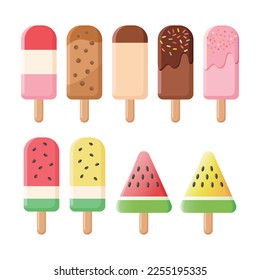 Ice cream bar in bubble tea, pearl milk tea, boba pearl, pudding, strawberry, yogurt, chocolate, flavors and watermelon popsicle, cool ice bar and ice pop for summer. Vector illustration.