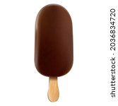 Ice cream bar with chocolate coating. Chocolate ice cream on a stick, popsicle, isolated on white background, realistic 3D vector illustration.