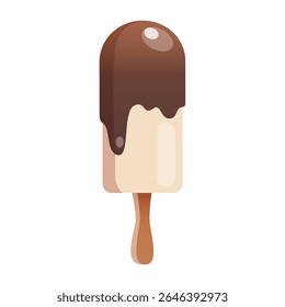 Ice cream bar with chocolate coating. Chocolate ice cream on a stick, isolated on white background, vector illustration