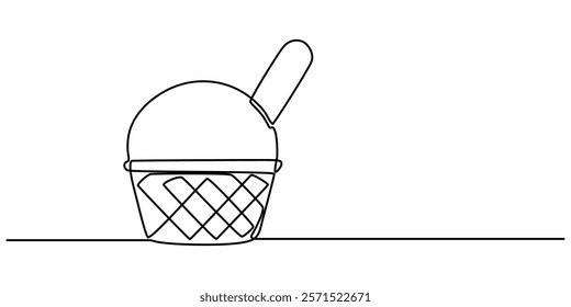 Ice cream bar continuous one line drawing vector illustration, Ice Cream Single Line Icon, Ice cream in waffle cone in one continuous line drawing. Symbol dessert gelato for menu and business card .