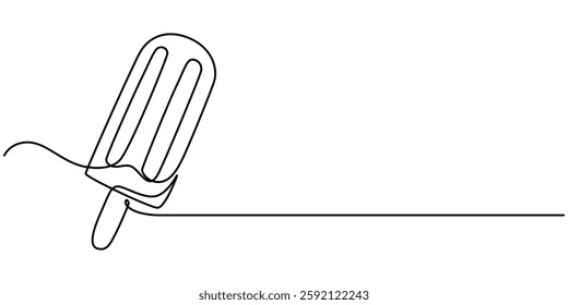  Ice cream bar continuous one line drawing vector illustration, Ice Cream Single Line Icon, Ice cream in waffle cone in one continuous line drawing. Symbol dessert gelato for menu and business card. 