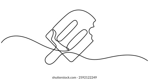  Ice cream bar continuous one line drawing vector illustration, Ice Cream Single Line Icon, Ice cream in waffle cone in one continuous line drawing. Symbol dessert gelato for menu and business card. 