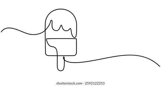  Ice cream bar continuous one line drawing vector illustration, Ice Cream Single Line Icon, Ice cream in waffle cone in one continuous line drawing. Symbol dessert gelato for menu and business card. 