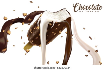 Ice cream bar with creamy flowing chocolate and milk liquid with nuts isolated on white background in 3d illustration