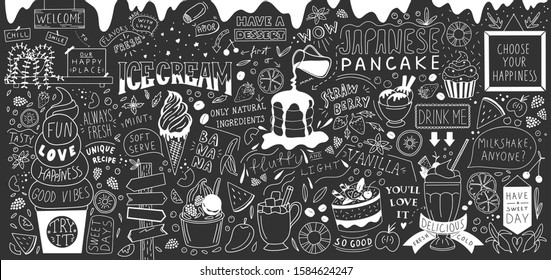 Ice Cream Bar Doodle Art. Dessert Big Set. Line Vector Elements With Lettering. 